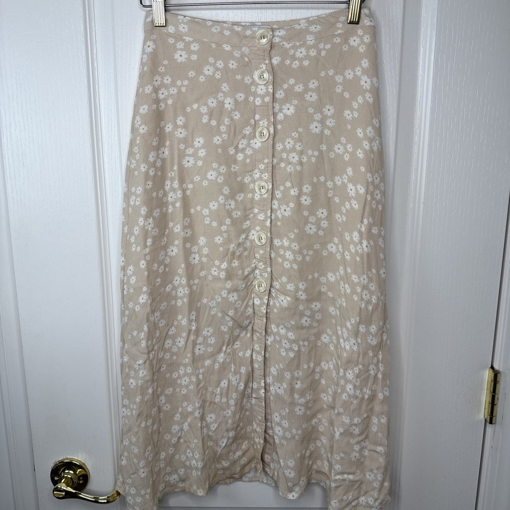 Crescent Womens XS Beige Daisy Floral Button Front Midi Skirt Boho